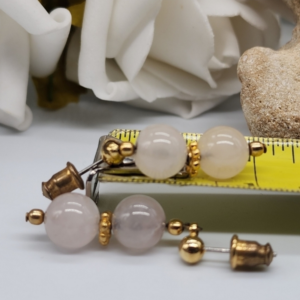 Natural Roze Quartz Stones vintage Minimalist Gold Studs Lightweight Earrings - Picture 2 of 6